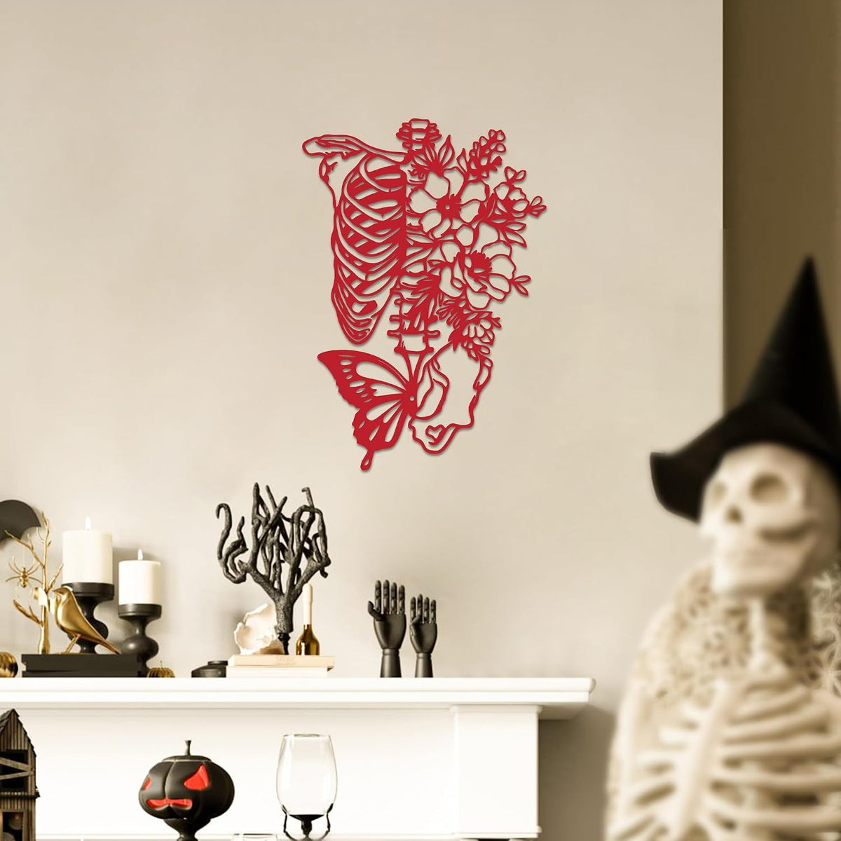 Rajukit Skull & Butterfly Wall Art, Gothic (Red)