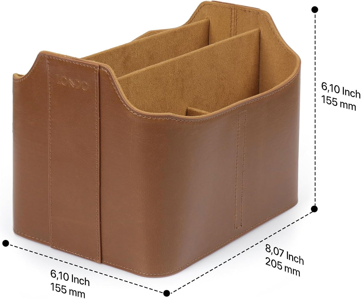 Londo PU Vegan Leather Desk Organizer Cube with Tablet Slot, Nightstand Caddy & Couch Organizer — 4 Remote Pockets + iPad/Kindle Slot, Makeup Brush Holder, Suede Lined, 8 x 6.1 x 6.1 in, Light Brown