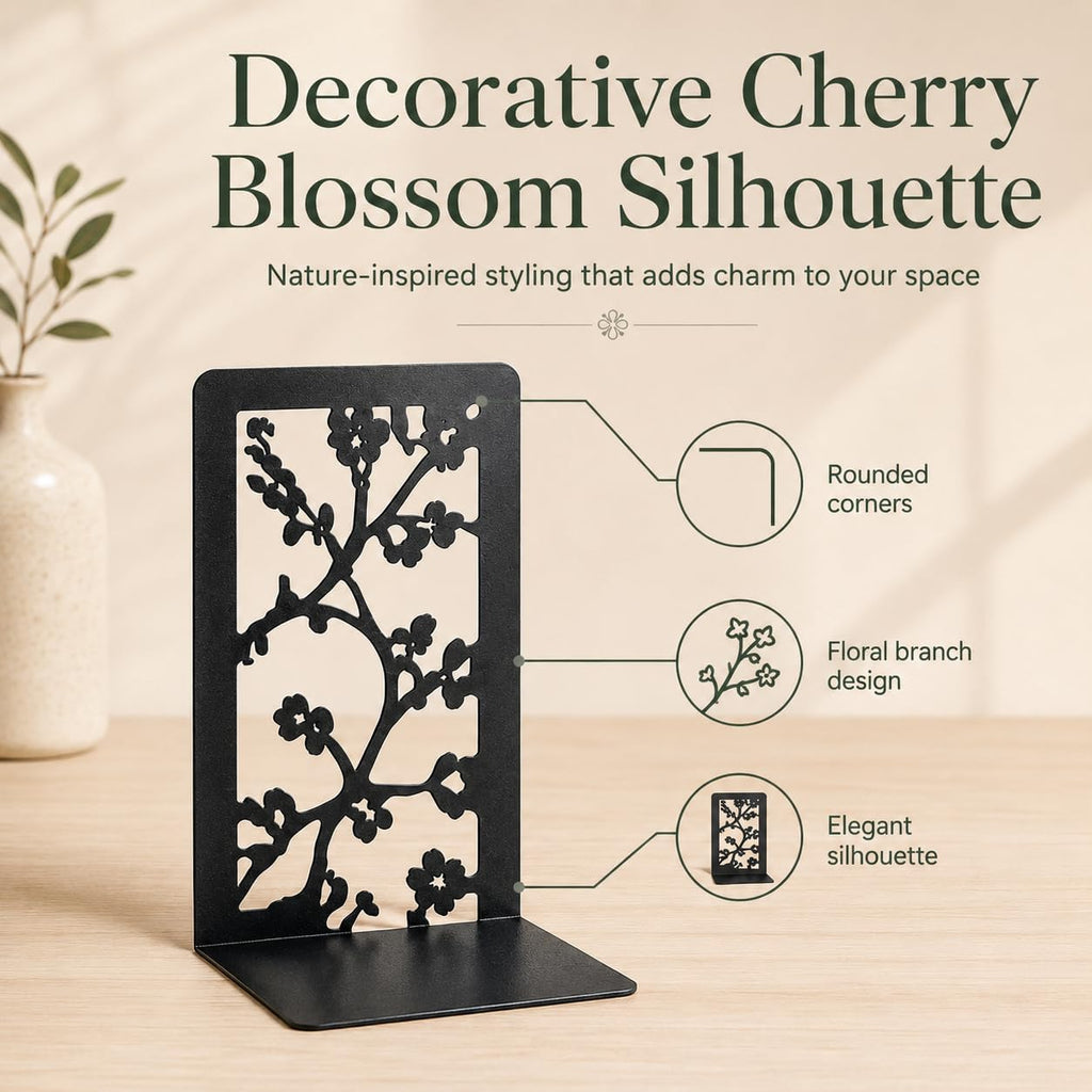 Cherry Blossom Branch Bookends, Set of 2 (1 Pair), Matte Black Metal Book Ends for Shelves, Bookshelf, Desk and Home Library Decor