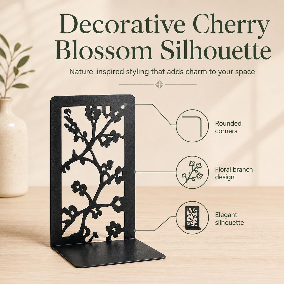 Cherry Blossom Branch Bookends, Set of 2 (1 Pair), Matte Black Metal Book Ends for Shelves, Bookshelf, Desk and Home Library Decor
