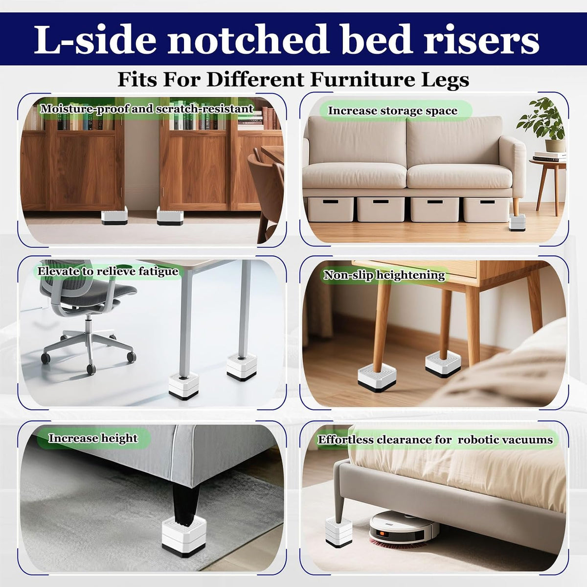 Bed Risers Heavy Duty, Adjustable Furniture Riser Blocks Lift 1.5, 3, 4.3 inches for Couch Table Desk Sofa Chair Legs, Refrigerator, Washing Machine - Support up to 4000 lbs (White 4 Pack, 4.3 inch)