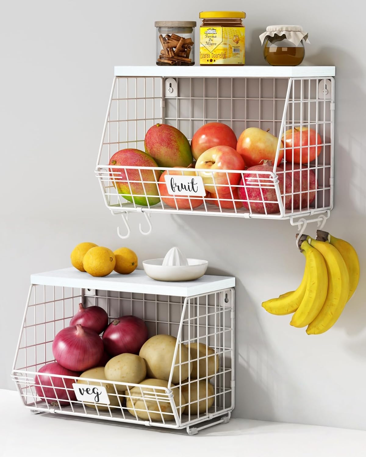 Goozii Wall Mount Bathroom Storage Basket, Fruit Produce and Vegetable Baskets for Kitchen Counter, Hanging Wire Storage Basket for Laundry Room Bedroom Closet Pantry Boys Girls Room (White)
