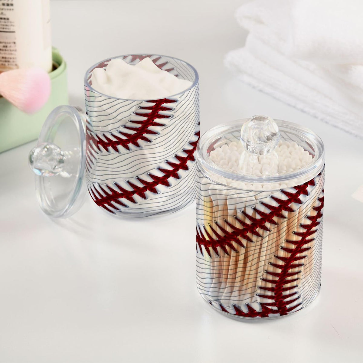Sport Baseball Print 2 Pack Qtip Holder Dispenser Clear Plastic Apothecary Jar with Lid Bathroom Organizer Vanity Makeup Storage Containers for Cotton Ball, Cotton Swab, Floss