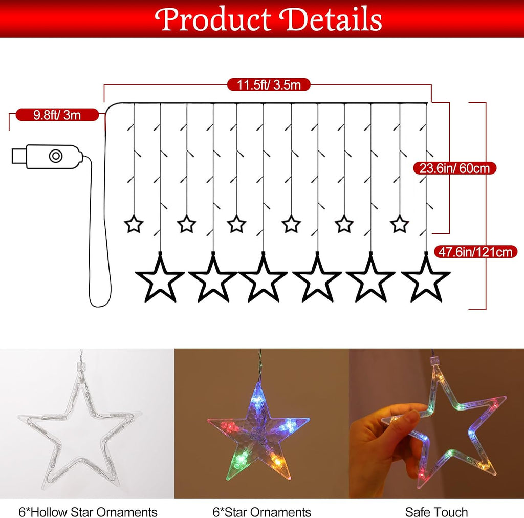 Lewondr 138 LED Christmas Star String Curtain Light with 6H Timer & 8 Modes