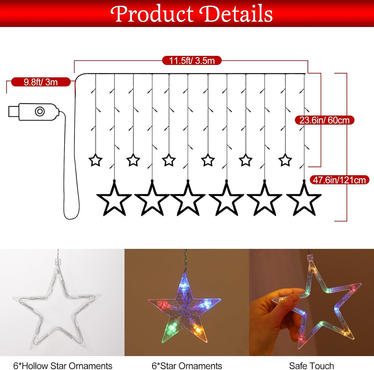 Lewondr 138 LED Christmas Star String Curtain Light with 6H Timer & 8 Modes