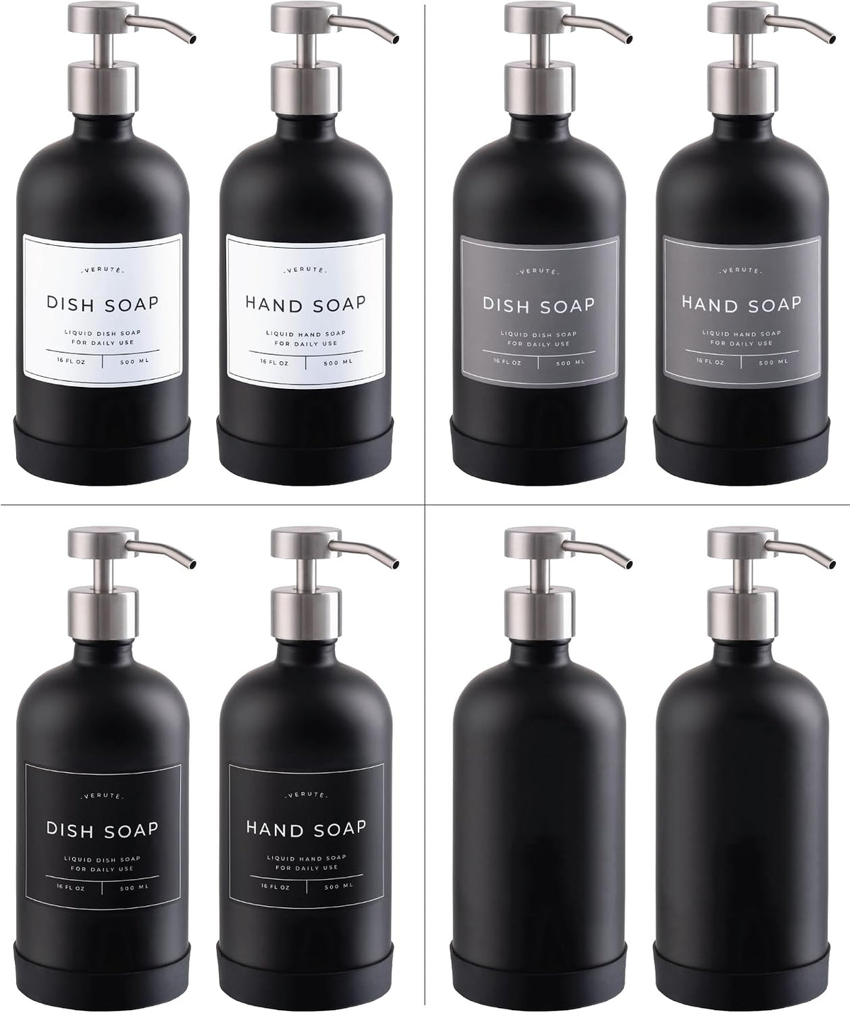 Hand and Dish Soap Dispenser for Kitchen and Bathroom, Set of 2 16 Oz Glass Bottles, Stainless Steel Pumps, Non-Slip Silicone Base, 27 Waterproof Labels (Matte Black Bottle/Brushed Silver Pump)