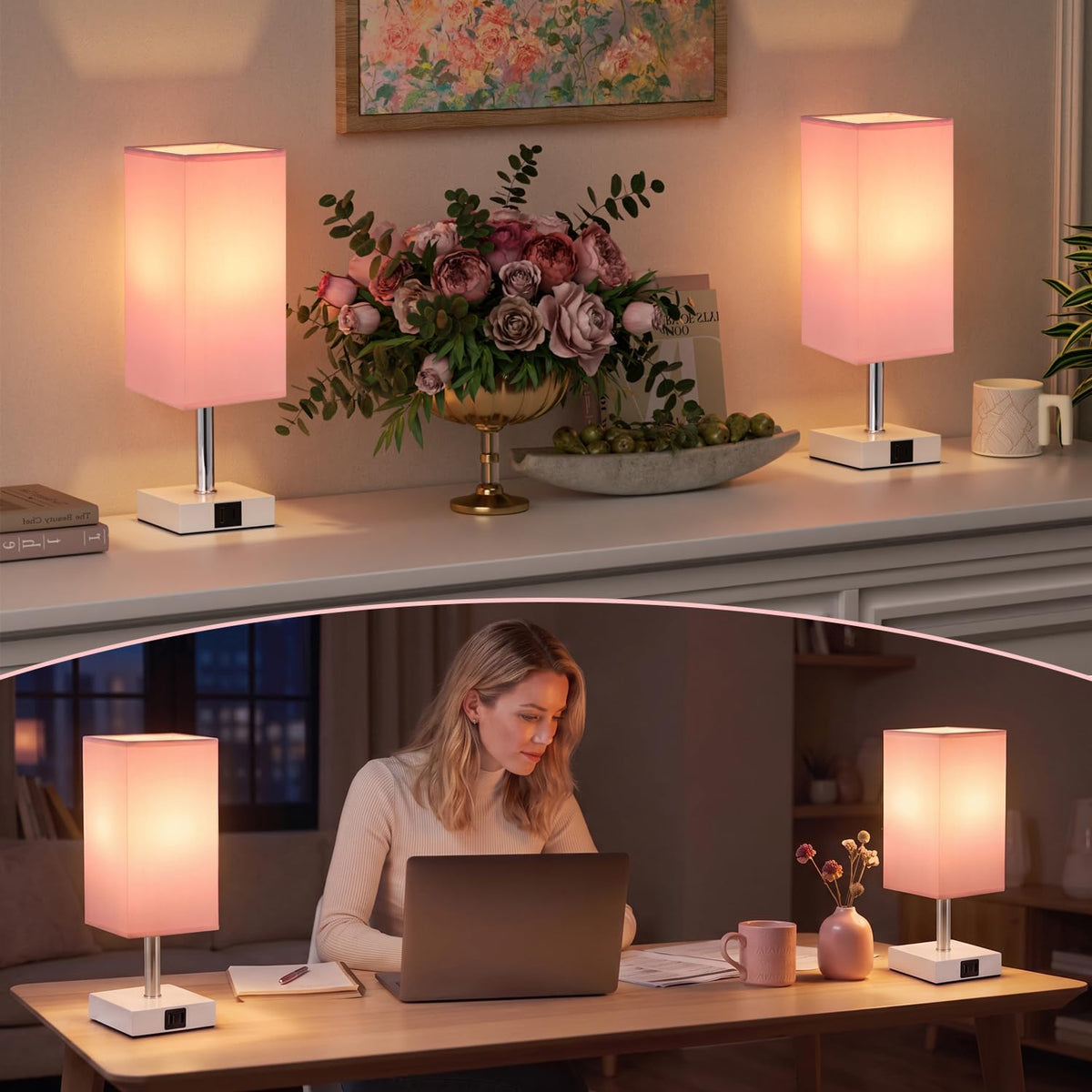 Touch Table Lamps Set of 2 for Bedroom - Dimmable, USB C+A, White Base
