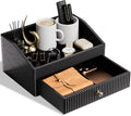 LADSTAG Desk Accessories,Black Vegan Leather Desk Organizers with 1 Draw & Tray,Remote Control Holder with Gold-Tone Metal Accents Knob for End Tables,Bedside Table,Bedroom