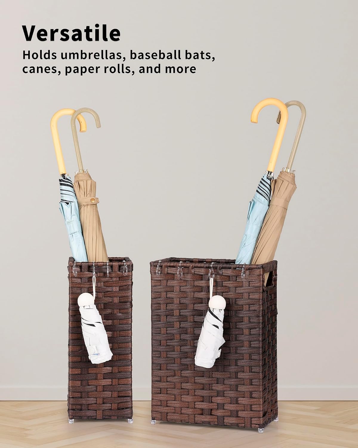 Rattan Umbrella Stand, Umbrella Holder for Entryway, Hand Woven Umbrella Rack Organizer Freestanding, with a Detachable Drip Tray, 4 Hooks, 11.8" L x 5.5" W x 16.5" H