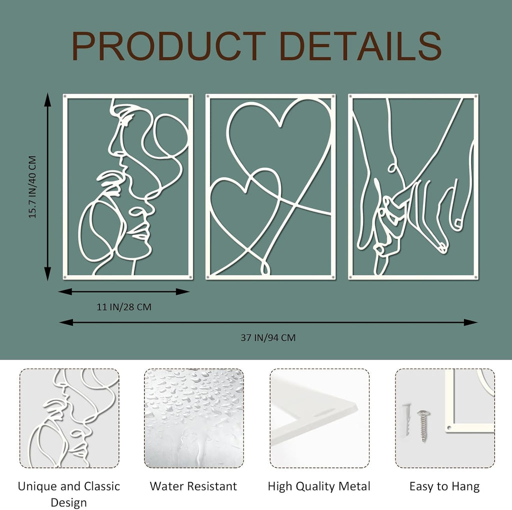 ESTART 3 Pcs Metal Minimalist Line Wall Art, Love Heart Metal Wall Decor