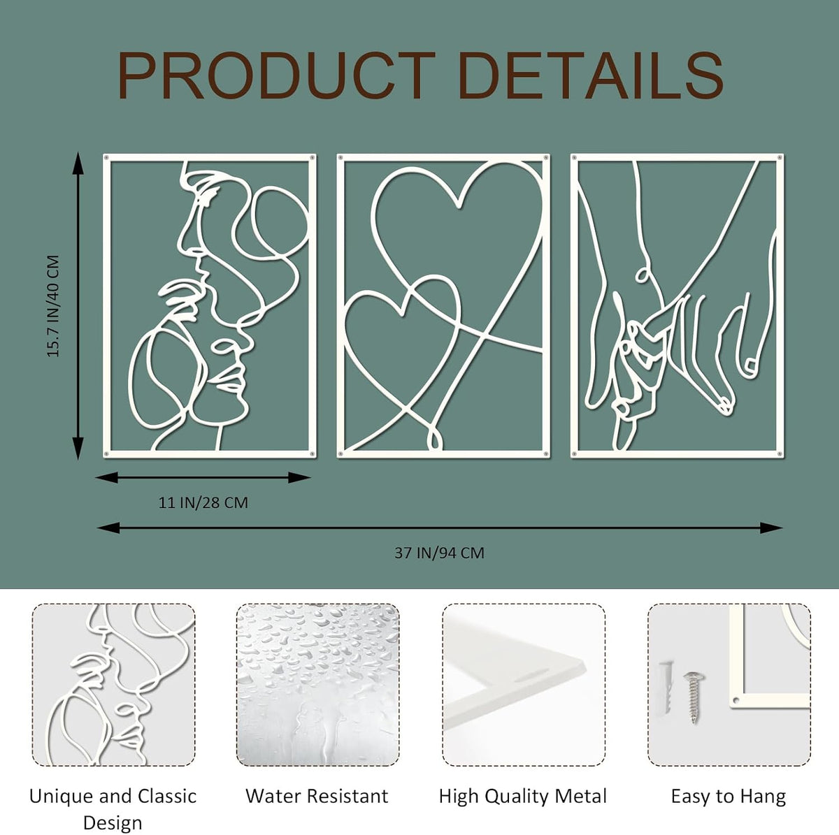 ESTART 3 Pcs Metal Minimalist Line Wall Art, Love Heart Metal Wall Decor