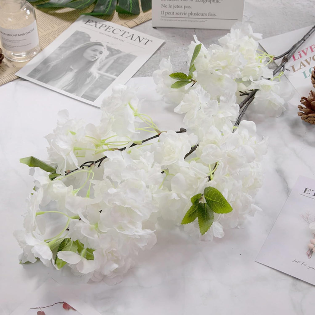 Artificial Cherry Blossom Branches, 5Pcs White Silk Faux Flowers, 33.5in