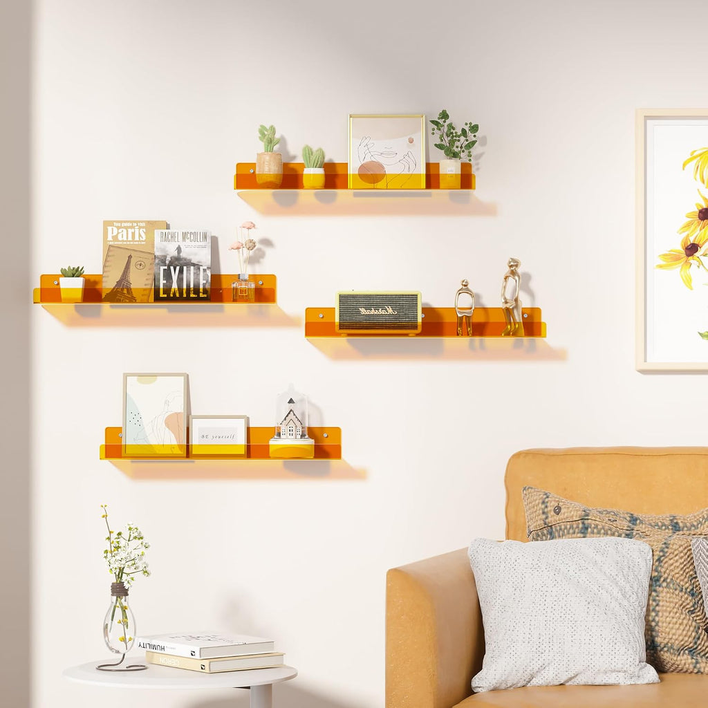 upsimples 4 Pcs 15" Acrylic Shelves for Wall Decor and Display, Orange