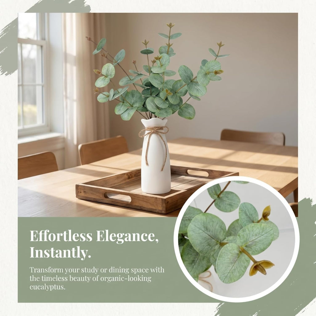 Artificial Eucalyptus Stems with Vase, 18" Fake Plant Greenery Branches Golden Leaves Faux Eucalyptus Stems for Home Office Farmhouse Wedding Table Centerpiece Décor