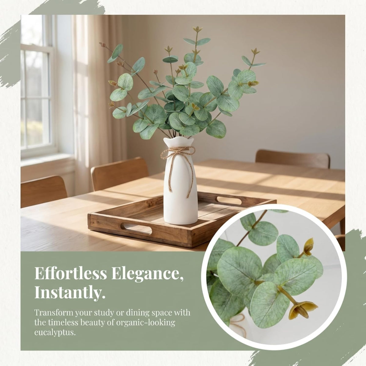 Artificial Eucalyptus Stems with Vase, 18" Fake Plant Greenery Branches Golden Leaves Faux Eucalyptus Stems for Home Office Farmhouse Wedding Table Centerpiece Décor