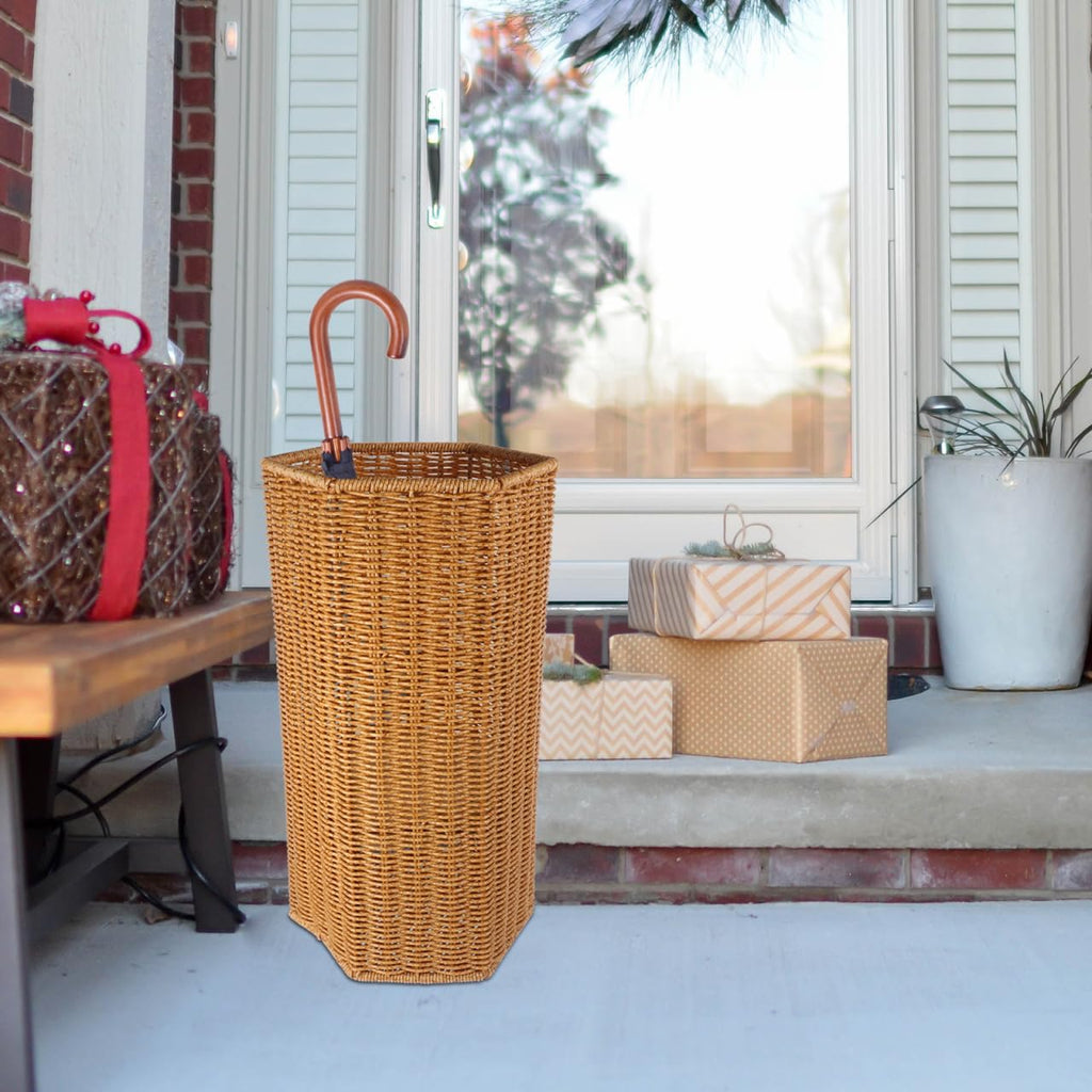 Angoily Artificial Rattan Umbrella Stand with Large Capacity Storage Bucket and Tray Indoor Umbrella Holder for Entryway and Office Multi-Use Rainshade Organizer with Yoga Mat Storage 15.55X7.87X7.48In