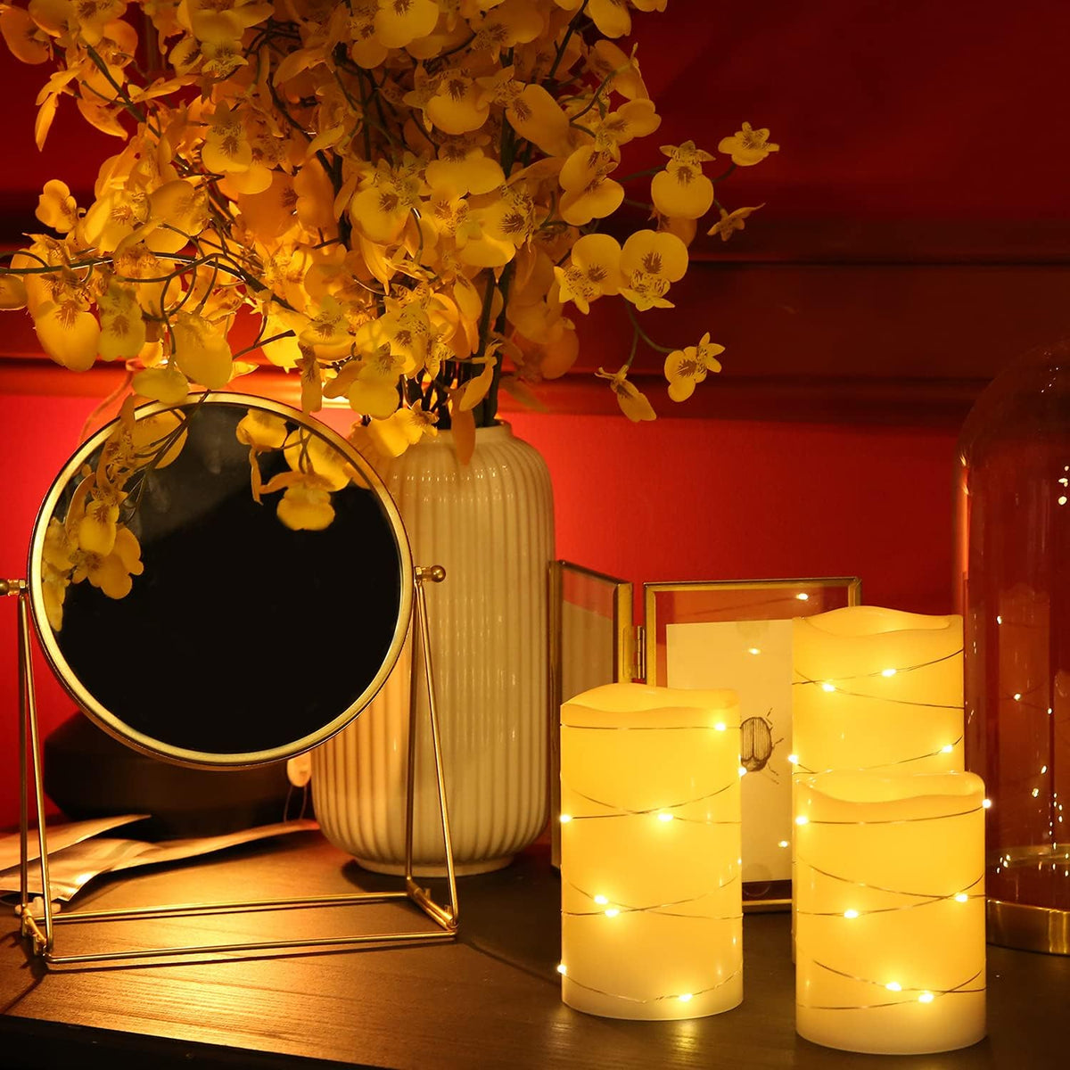 H-BLOSSOM Flickering Flameless Candles Ivory Real Wax Pillar with Embedded String Lights LED Candles Battery Operated with Cycling 5H Timer Set of 3 (3" x 4"/5"/6") (Ivory)