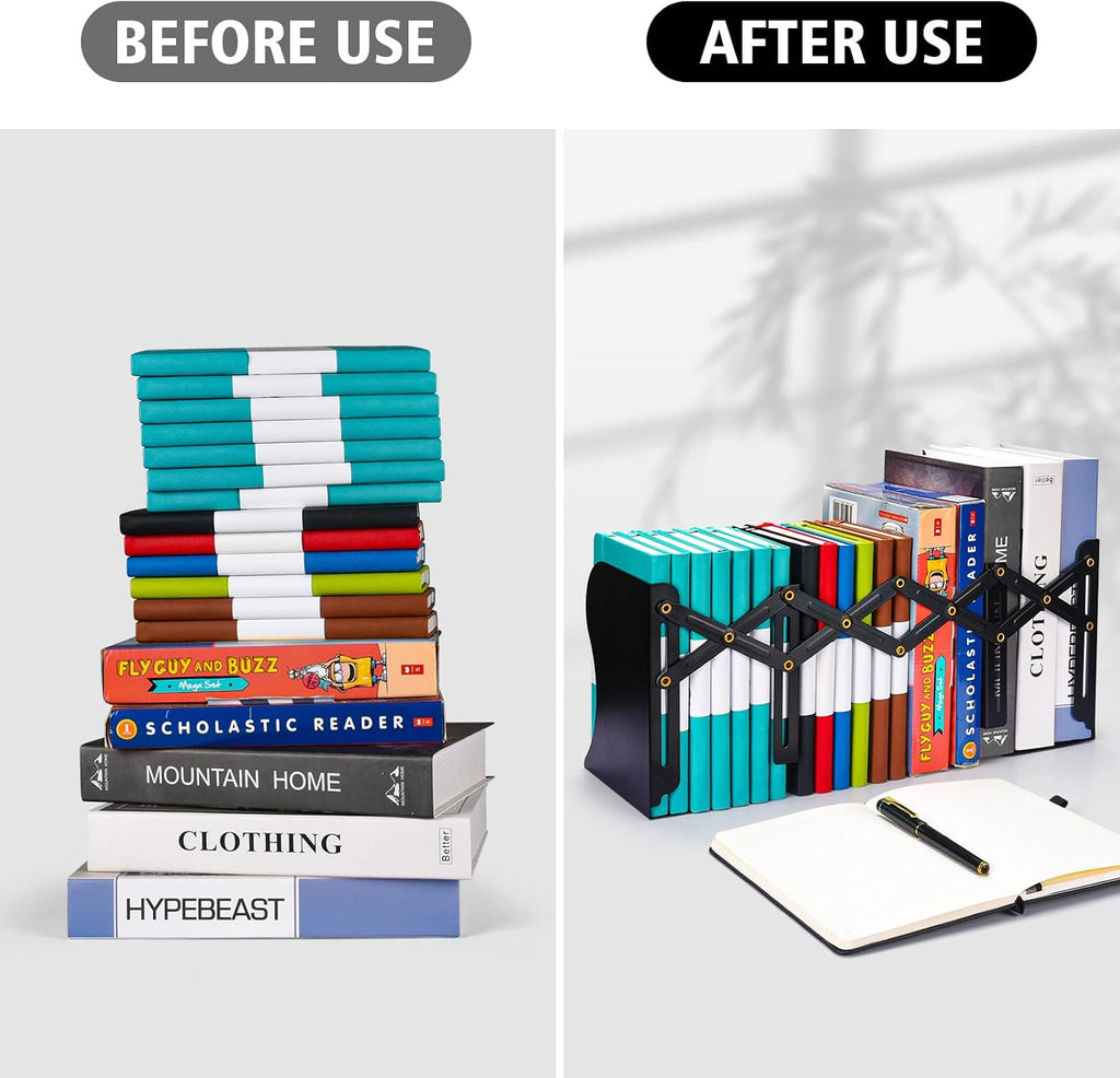 2 Pack Adjustable Metal Book Ends for Heavy Books, Extends Up to 19", Black