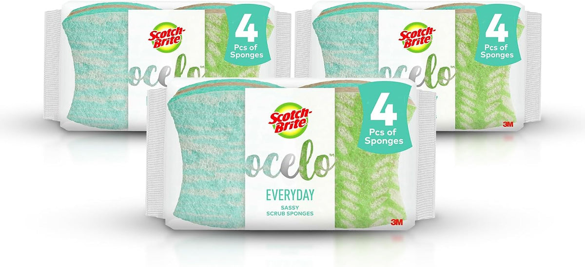 Scotch-Brite ocelo Non-Scratch Scrub Sponges, Assorted Designs, Scratch-Free for Nonstick Cookware & Dishes, Kitchen & Bathroom Use, Reusable Multi-Surface Cleaning Sponges (12 Count (Pack of 3))