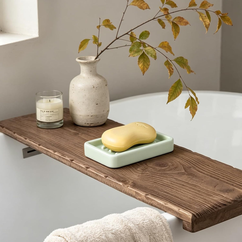 Matte Ceramic Soap Dish with Raised Ridges, Rectangle Bar Soap Holder for Bathroom Counter, Shower and Kitchen Sink, Mint