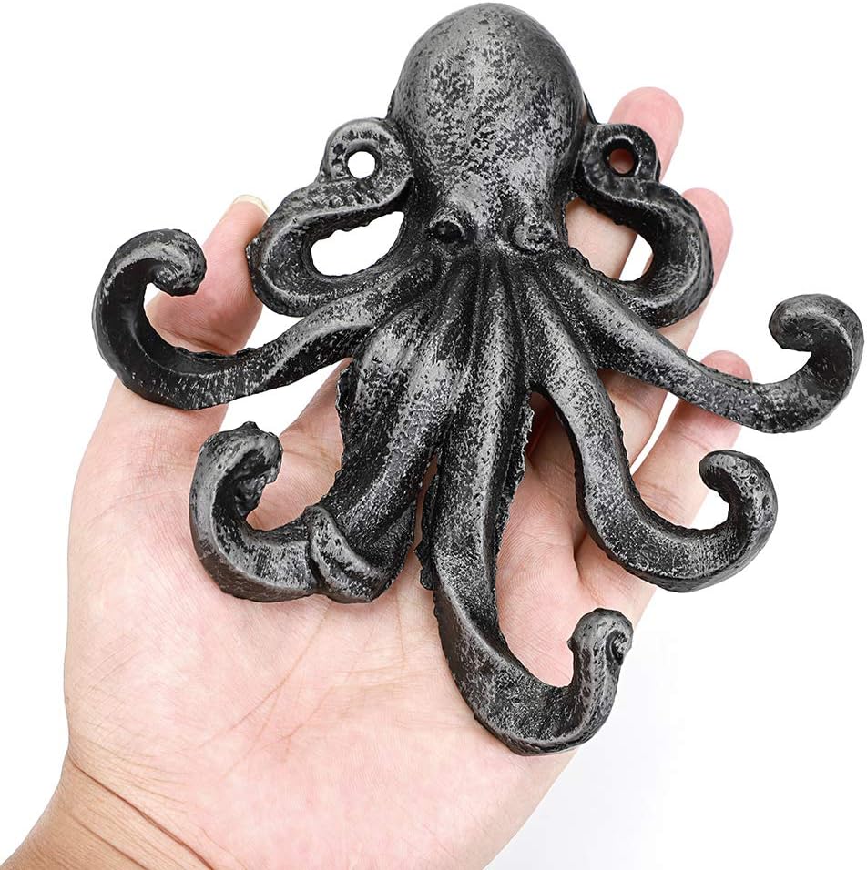 Sumnacon 6 Inch Cast Iron Octopus Decorative Coat Hook - Wall Mounted Nautical Hand Towel Rack Holder with Screws, Rustic Metal Clothing Hanger for Bedroom/Bathroom/Kitchen/Balcony, Silver