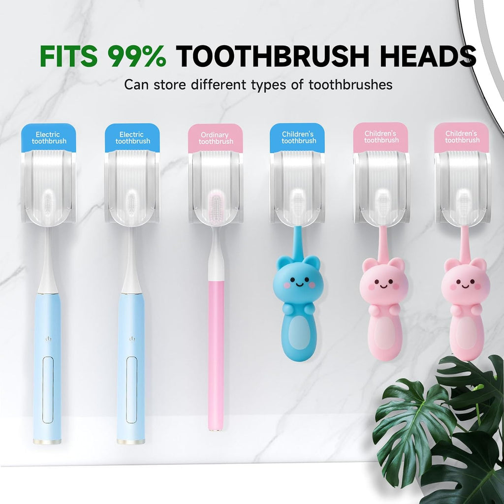 6 Pcs Toothbrush Holders Wall Mounted, Single Slot Design, Shower Self Adhesive Wall Mounted Toothbrush Holder with Cover, Waterproof and Dustproof, Suitable for Bathroom, Family, Travel (Transparent)