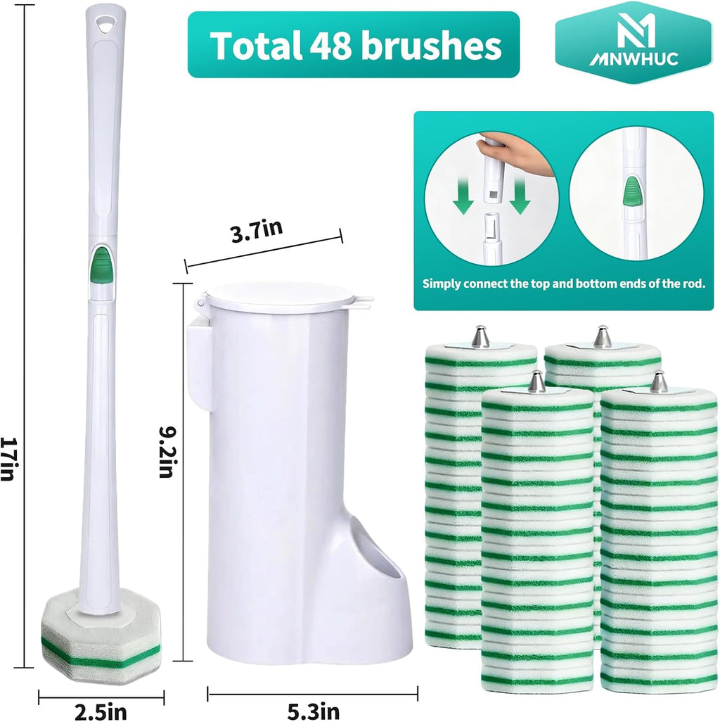 Disposable Toilet Brush, Toilet Bowl Cleaning System with 48 Count Wand Refills, Clean Brush Starter Kit with 1 Wand, 1 Storage Caddy and 1 wall Sticker (White)
