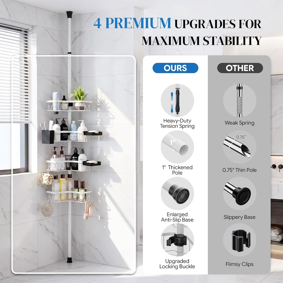 Corner Shower Caddy Tension Pole 4-Tier Rustproof Bathroom Organizer-White