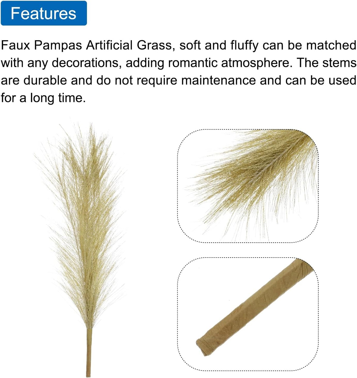 MECCANIXITY 1Pcs Faux Pampas Grass Small 45cm/17.7" Fake Fluffy Pampas Grass 7 Branches Artificial Vase Filler for Home Office Vase Wedding Decoration Gold