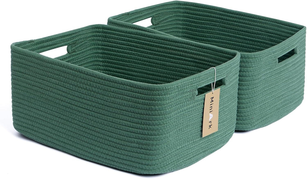 MiniArk Large Storage Baskets for Shelves, 17 x 13 x 7.5” Closet Organizers Bins for Clothes Blanket Towels, Baby Nursery, Toy Baskets Box, Woven Rope Baskets, 2 Packs Green