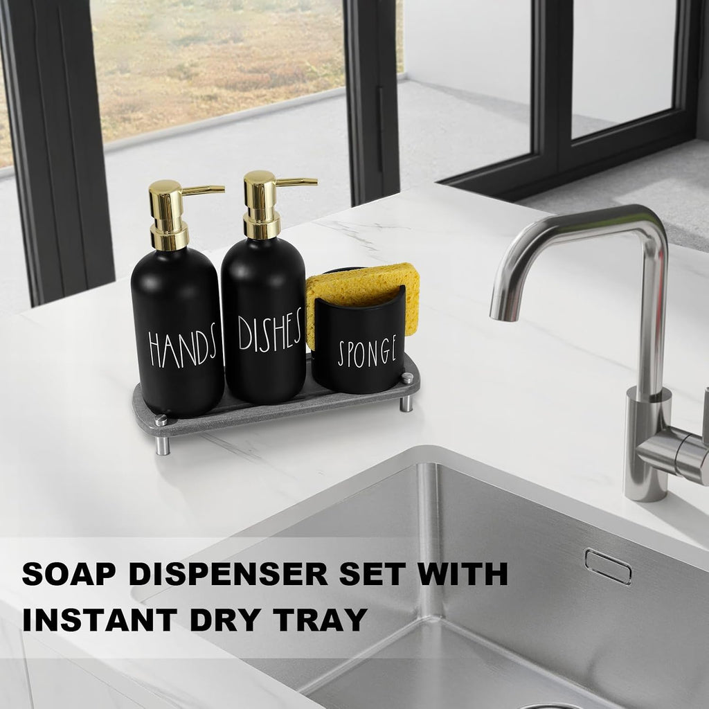 Hand and Dish Soap Dispenser Set, Kitchen Soap Dispenser Set with Sponge Holder, Black Glass Dish Soap Dispenser for Kitchen with Gold Pump, Instant Dry Tray, 17 fl oz Farmhouse Kitchen Decor