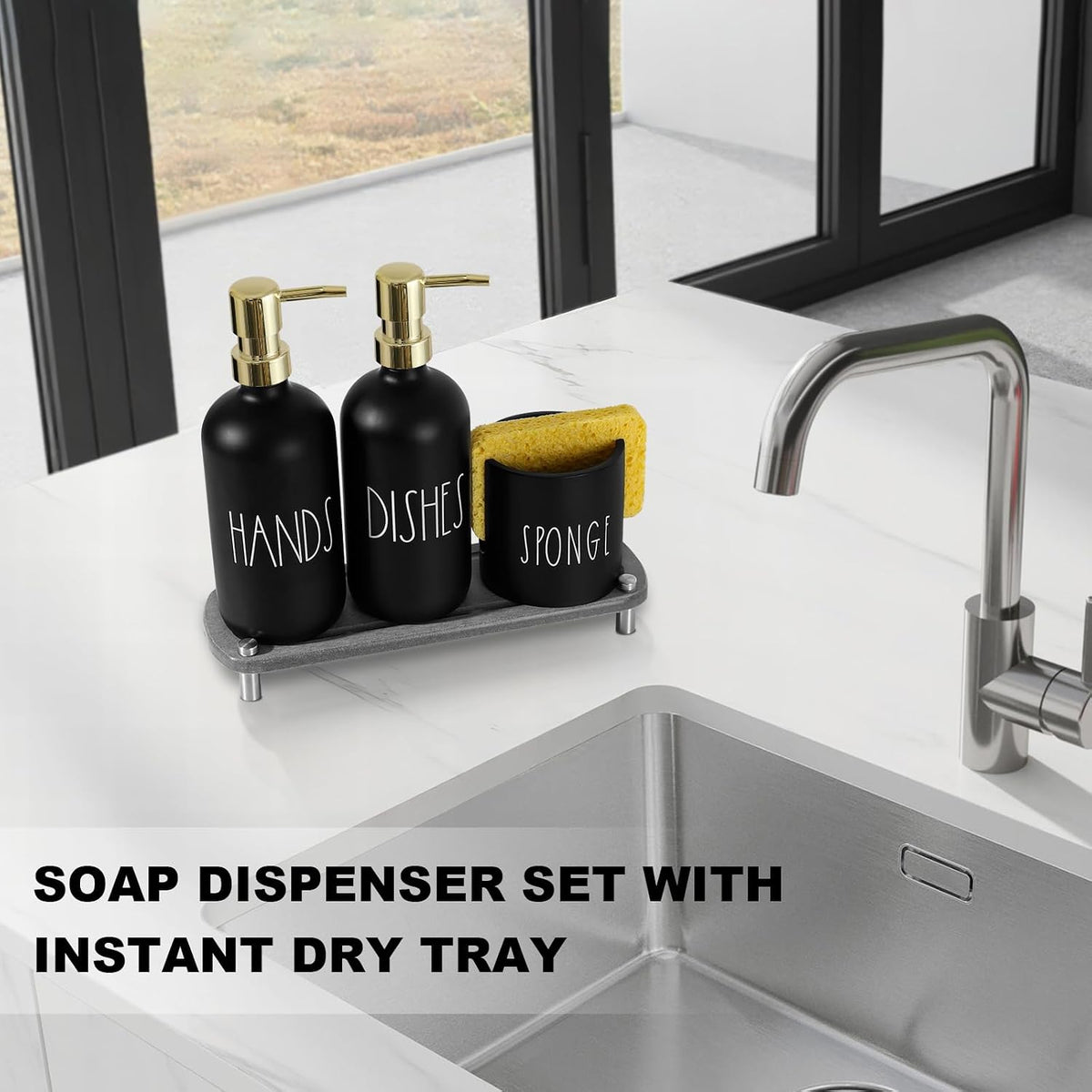 Hand and Dish Soap Dispenser Set, Kitchen Soap Dispenser Set with Sponge Holder, Black Glass Dish Soap Dispenser for Kitchen with Gold Pump, Instant Dry Tray, 17 fl oz Farmhouse Kitchen Decor
