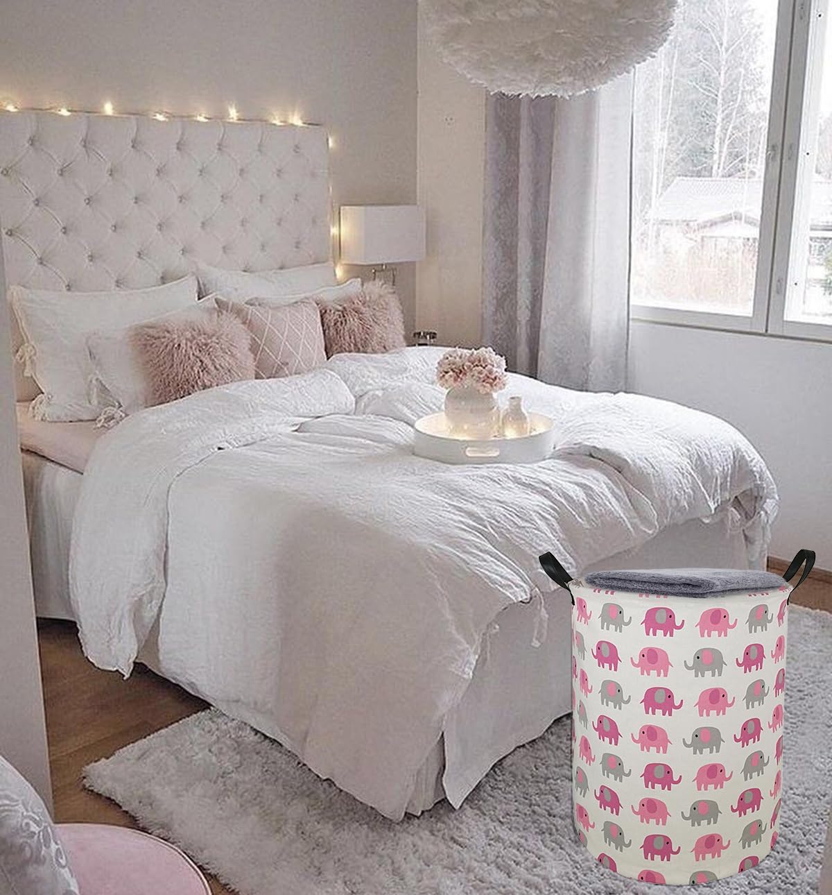 Round Pink Elephant PatternLaundry Hamper Storage Basket Fabric Material Storage Hamper Organization Basket, Storage Bin, Gift Box with Handles for Room