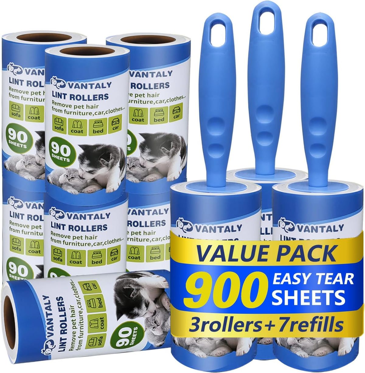 Extra Sticky Lint Roller Mega Value Set 900 Sheets for Pet Hair Removal and Clothes, Dog and Cat Lint Remover, 10 Pack