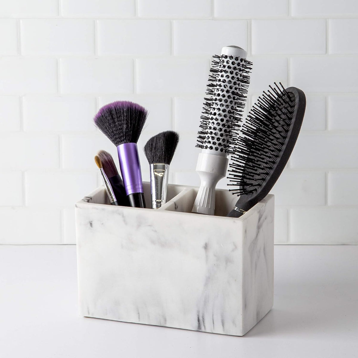 BINO | Multi-Purpose 2 Compartment Organizer - Elegant Makeup Brush & Toothbrush Holder for Bathroom and Vanity | Marble Stylish Accessories for Organization