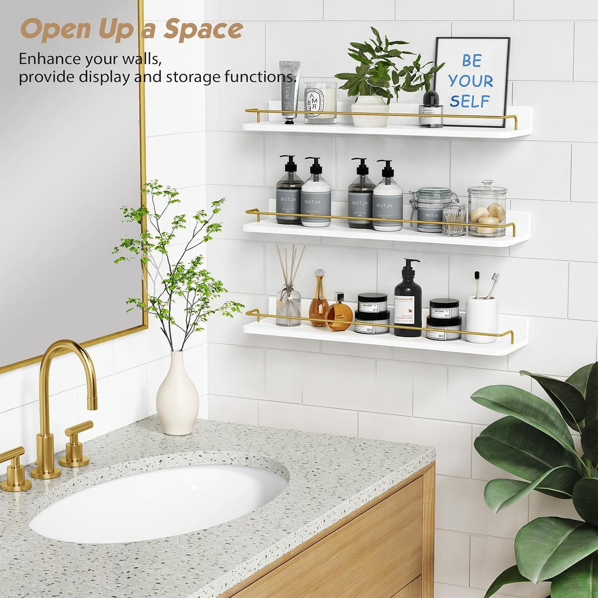 Forbena 24 Inch Bathroom Floating Shelves for Wall Set of 3, Gold Bathroom Shelves Over Toilet Wall Mounted with Rail, Decorative Hanging Shelf for Bedroom Office Living Room Decor (White and Gold)