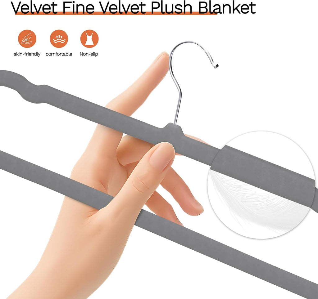 Small Size Gray Velvet Hangers 60 Pack, Slim Space Saving Pants Hangers for Closet Organizer, Rotating Hook, Non Slip Clothes Felt Hanger for Pants, Tank Top, Camisoles, Kids' Clothes