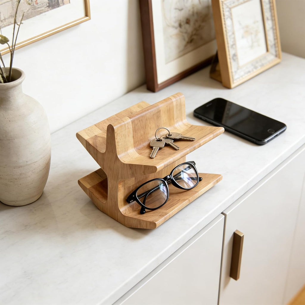 Wooden Remote Control Holder - TV Accessories & Glasses - Universal Living Room, Bedside Table or Office Desk Organizer in Natural Wood Finish (Wood grain brown)