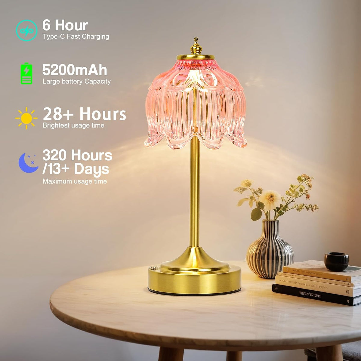 Cordless Table Lamp, Rechargeable Pink Glass Lotus Flower Lamp