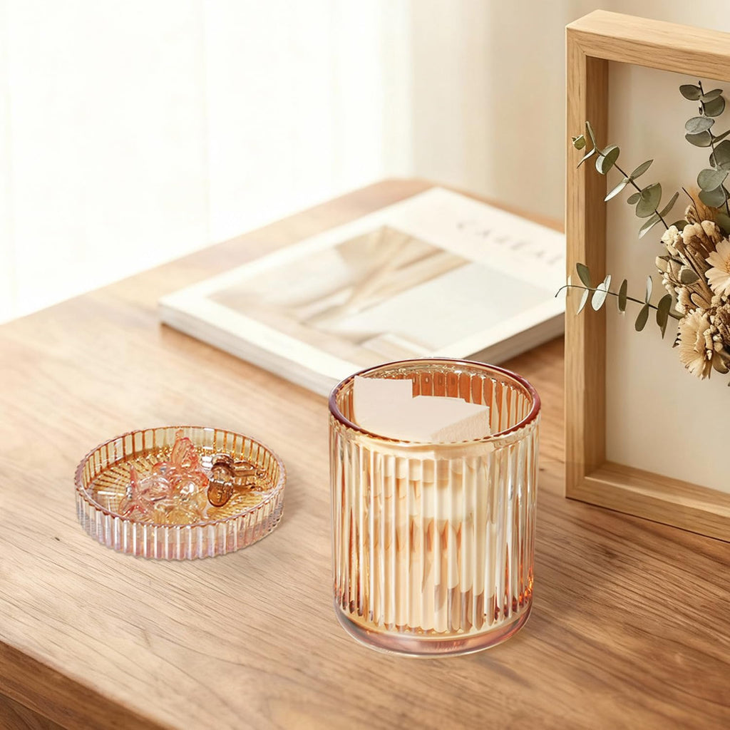 SheeChung 2 Pack Glass Qtip Holder Dispenser, Amber Apothecary Jars