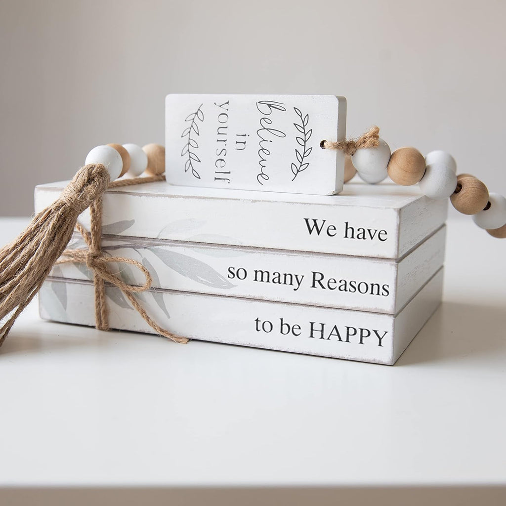 GENMOUS Faux Decorative Books Set for Home Decor, Stacked Wood Books with Wood Beads for Living Room Decor, Faux Books for Display, Shelf Decor, Mantel Decor, Farmhouse (Happy)