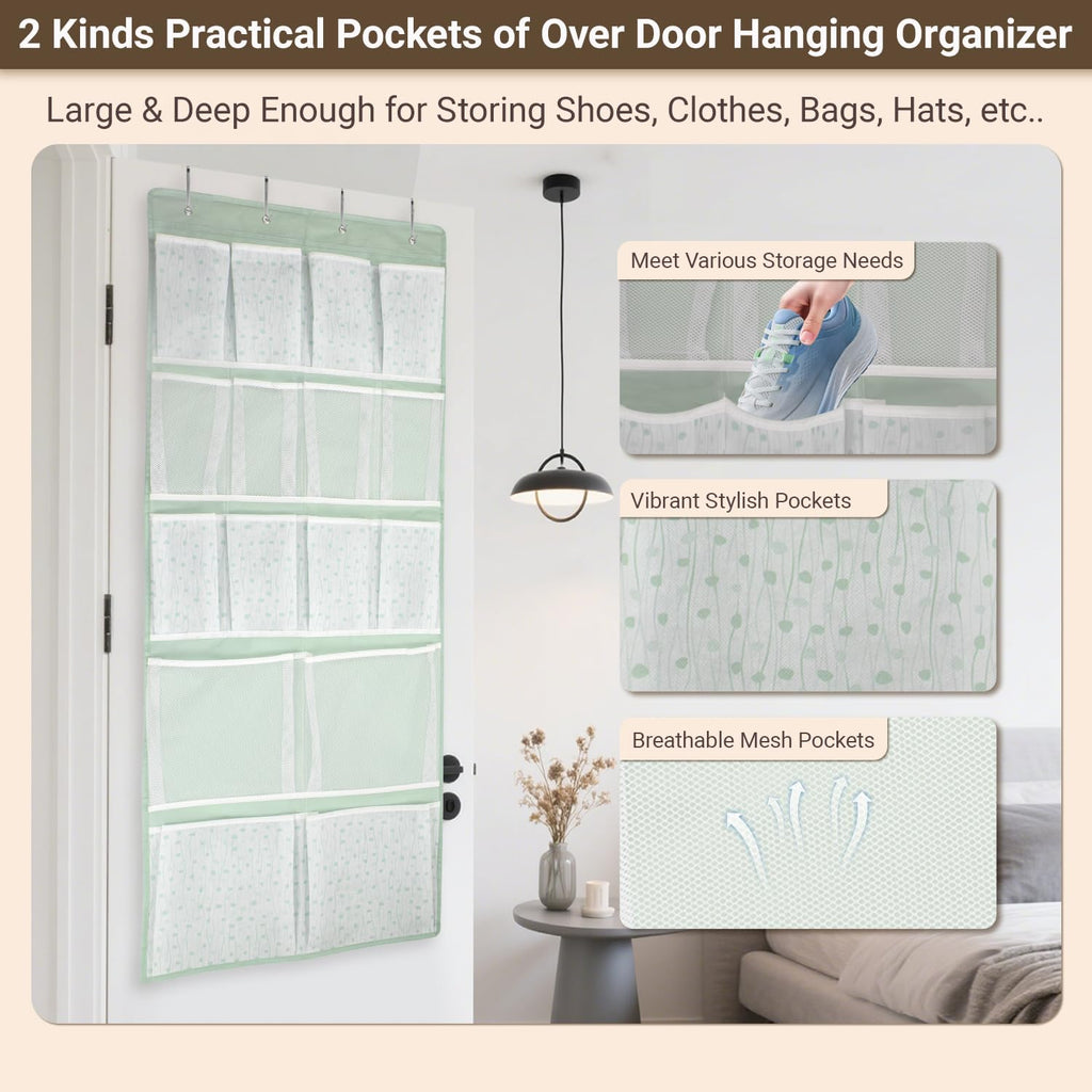 16 Pockets- Over Door Hanging Storage Organizer with 4 Kinds Pouch,Behind Closet Hanging Shelf Holder for Sock,Hat,Underwear,Travel Outfit,Shoes,Back of Door Space-saving Organization for Home,Dorm,RV