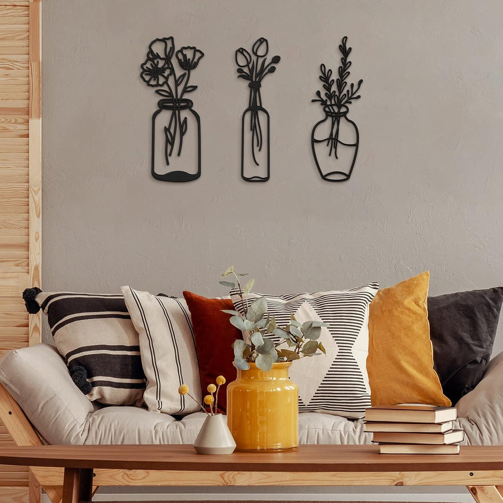 Hotop 3 Pcs Metal Flower Wall Art Decor Rustic Floral Walls Arts Iron Farmhouse Hanging Decor Black Minimalist for Kitchen Bathroom Living Room Housewarming Gift(4.2/4.5/5.5 Inches,Stylish Style)