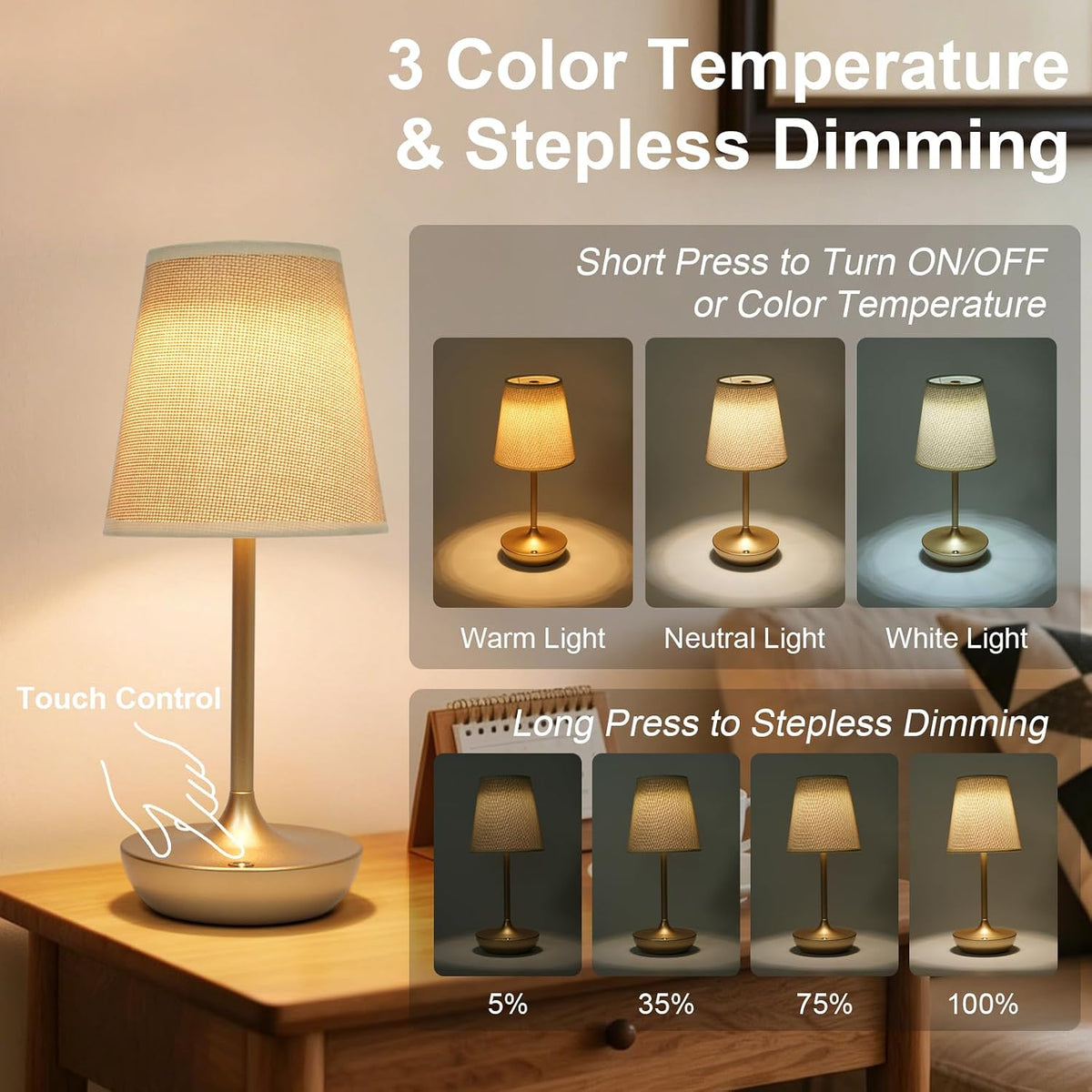 Cordless Table Lamp Rechargeable, Fabric Shade Bedside Lamp