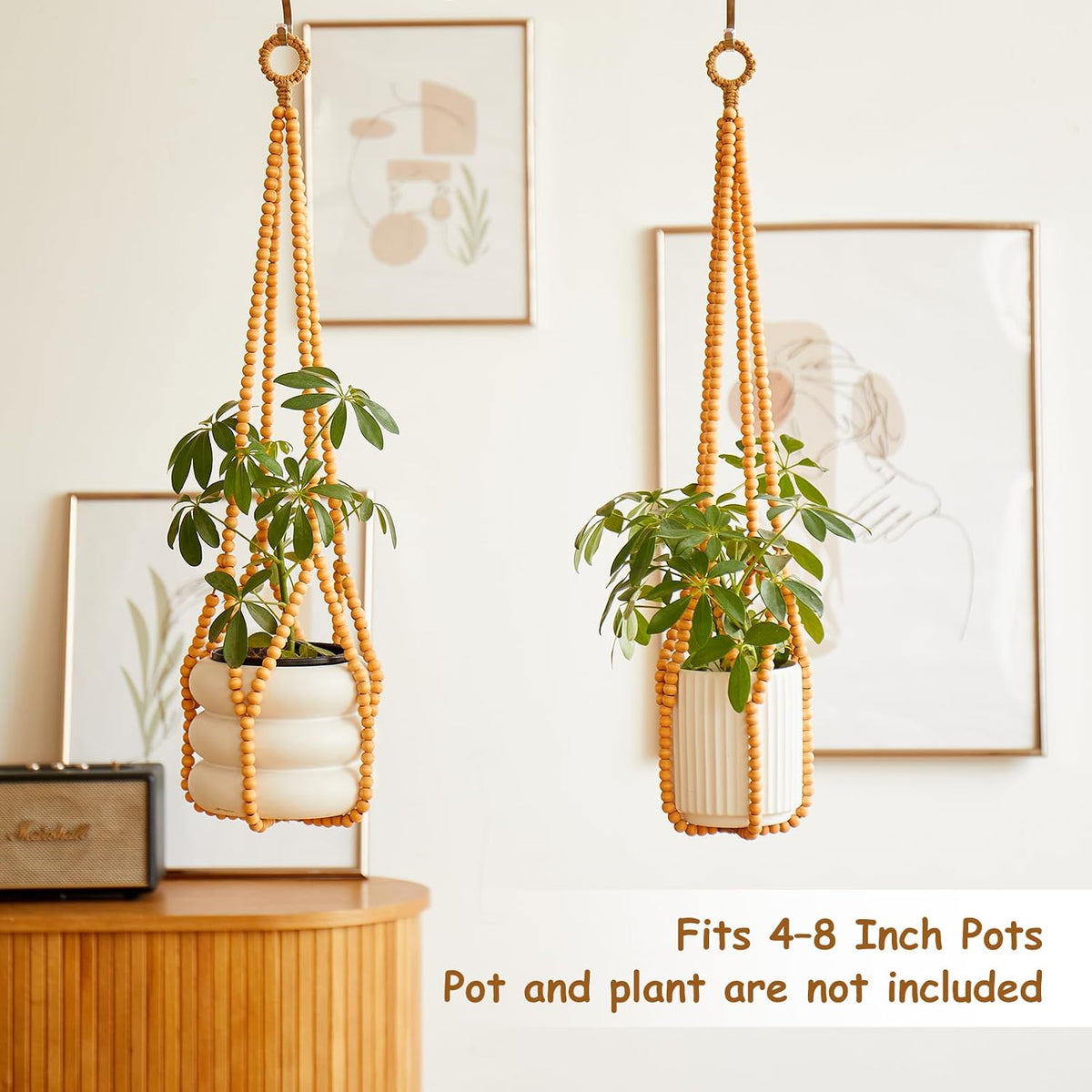 Boho Wood Bead Macrame Plant Hangers, 2Pack Handmade Beaded Hanging Planter Holders for Indoor with 4 Hooks, Fits 4–8 Inch Pots, Hanging Basket for Living Room Bedroom Window Patio Balcony Home Decor