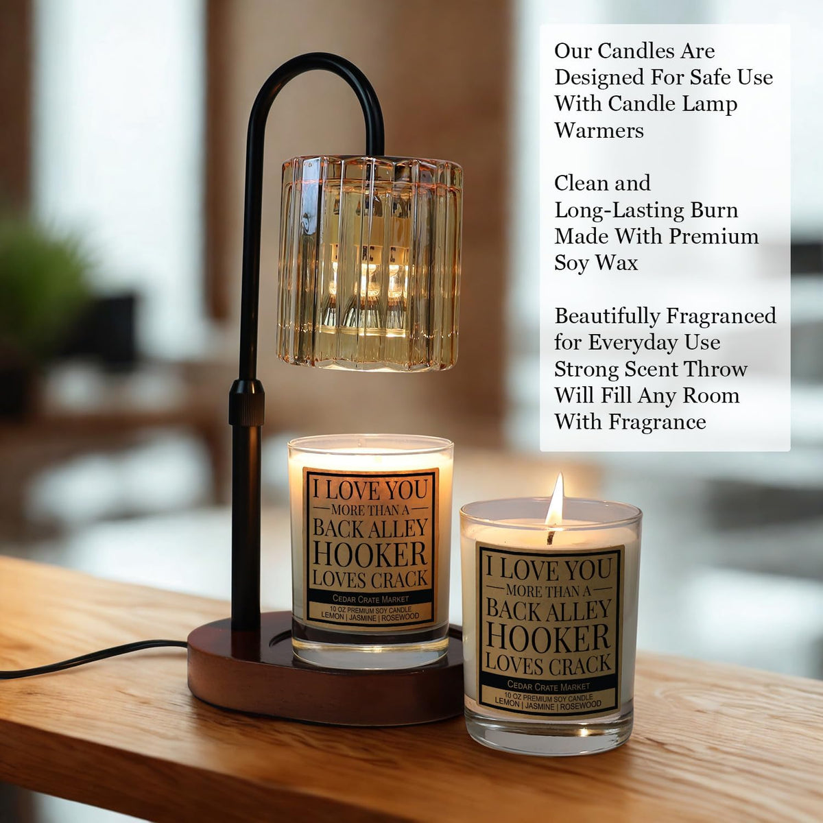 Cedar Crate Market Funny Candle Gift for Him or Her “I Love You More Than a Back Alley Hooker Loves Crack” Premium Soy Candle - Lemon Jasmine Rosewood Scented, I Love You Gift, Made in USA