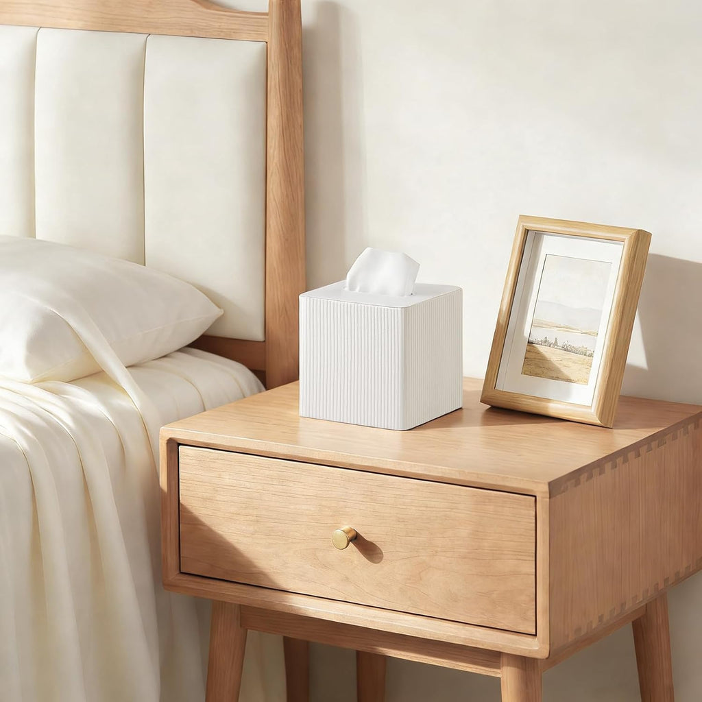 Mkono Tissue Box Cover, PU Leather Square Holder with Bottom, Beige