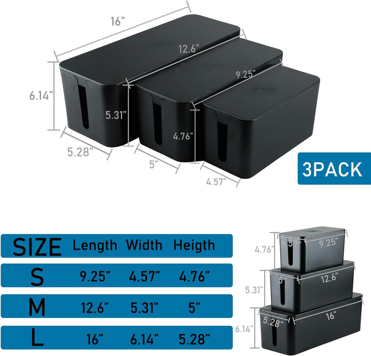 YaeCCC Cable Management Organizer Box Power Strips Hider Power Cords Hider for Desk, TV, Computer, USB Hub,Cords (Set of Three) Black