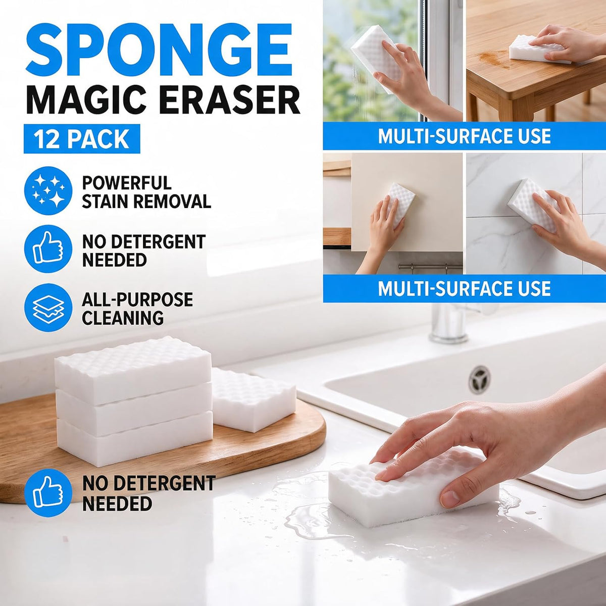 Waffle-Textured Magic Eraser Sponges, High-Density Melamine, 30 Pack