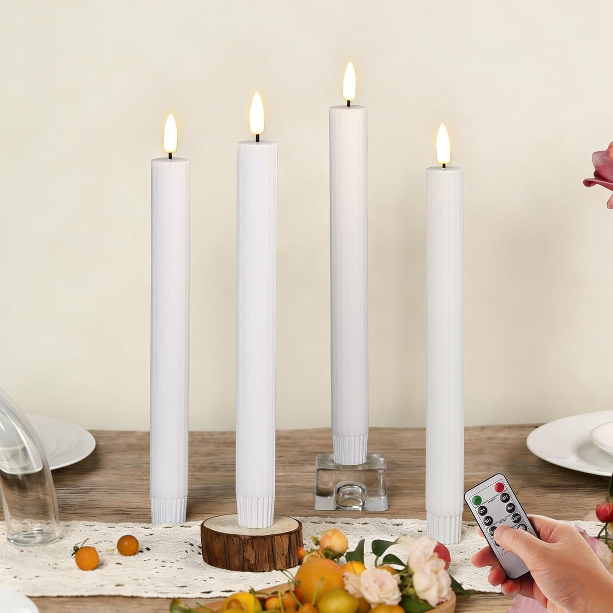 White Ribbed Flameless Taper Candles with Remote Set of 4